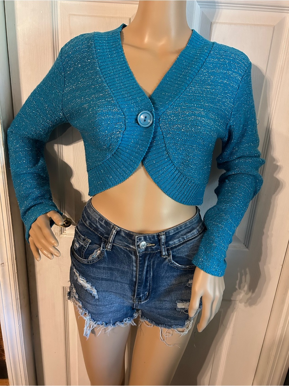 Y2K Sparkle Teal Cropped Cardigan Sweater - Teal